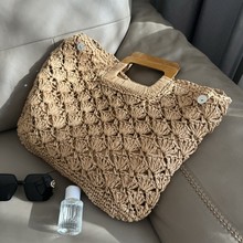 木把手拎编织手工夏季海女沙滩包森系纯色大容量女包时尚简约百搭