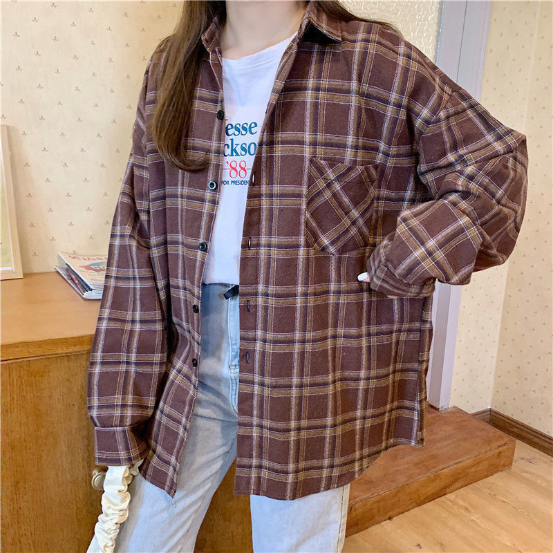 秋冬复古长袖格子衬衫大码女装设计感宽松百搭上衣胖妹妹衬衣外套|undefined