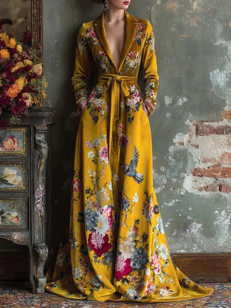 2026 European and American Women's Fashion Independent Site Amazon Digital Print V-Neck Long-Sleeve Floral Tie Long Dress