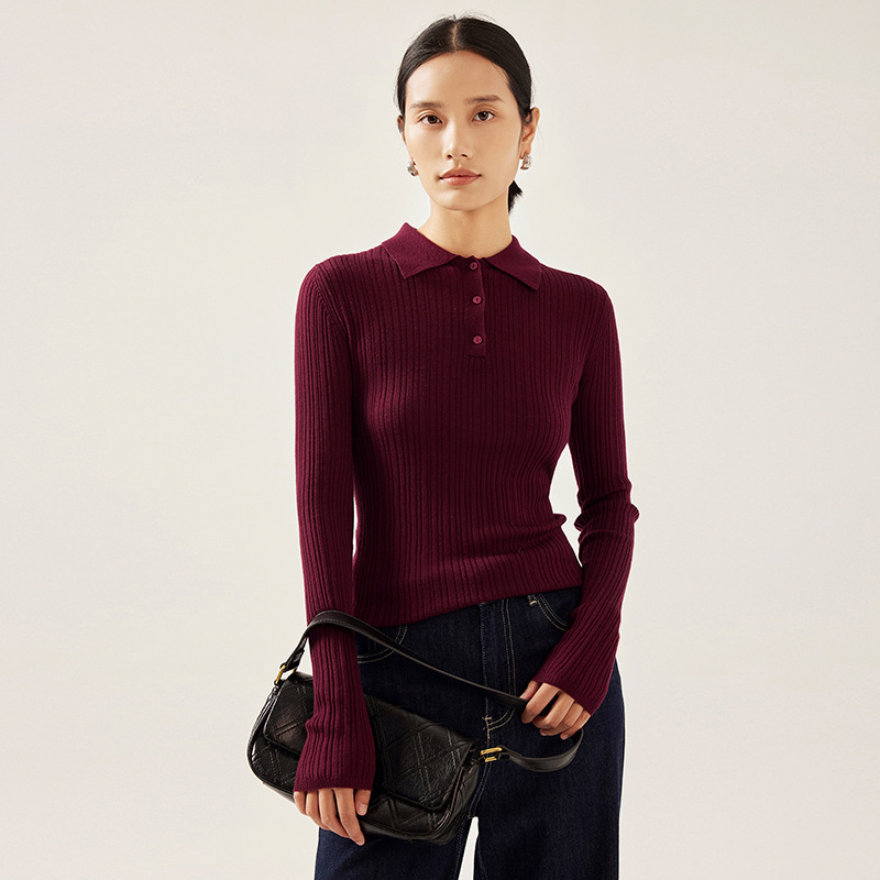 Autumn New Women's Elegant Polo Collar Knitwear Women's Long-Sleeved Slim Chao Thin 100% Merino Wool Knitwear
