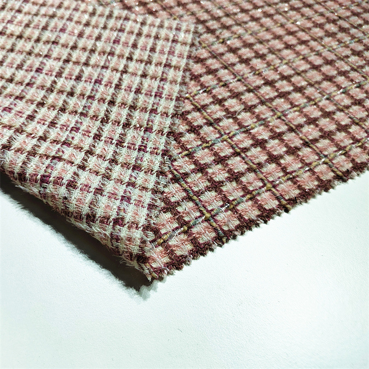 粉嫩年轻时尚小香风粗花呢网红风粗纺梭织格子花式纱面料