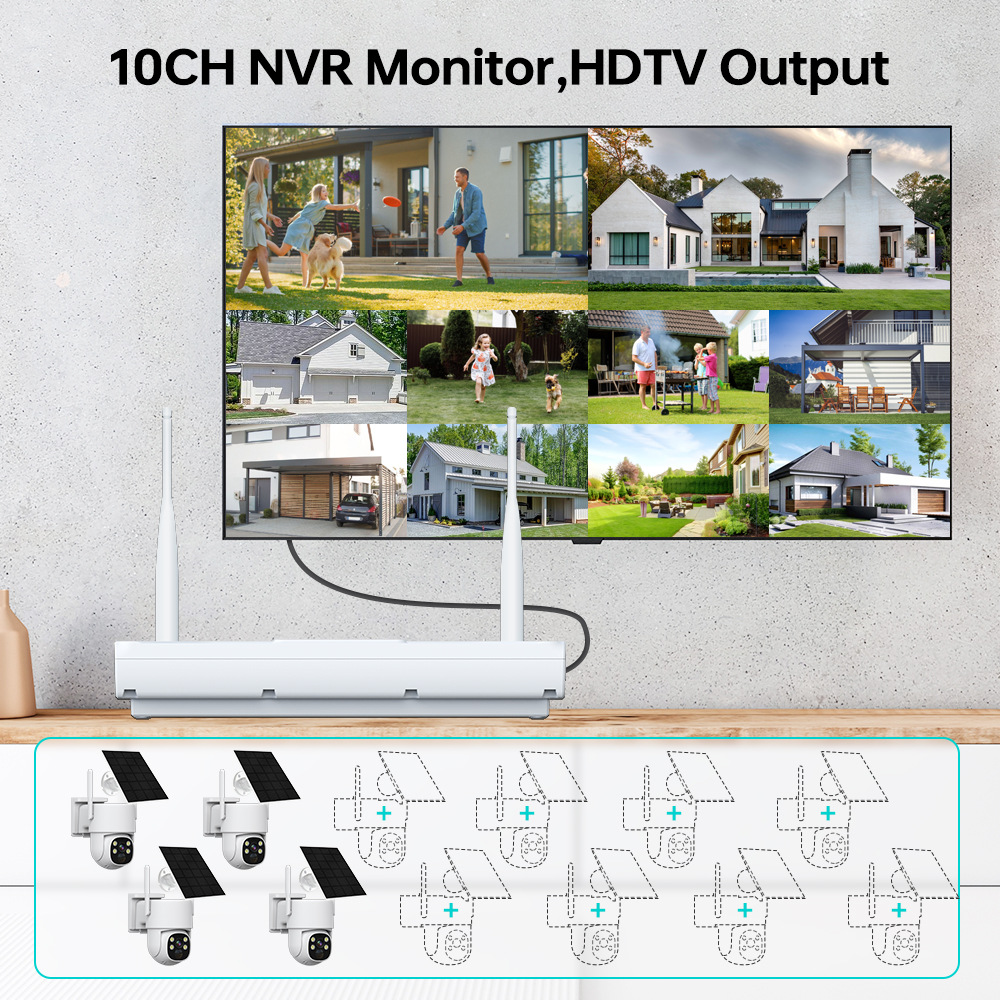 Yisiyun Gözetleme Seti Kablosuz 4MP Outdoor Düşük Güç Tüketimi Güneş Enerjili Gözetleme Kamerası Seti NVR Kit