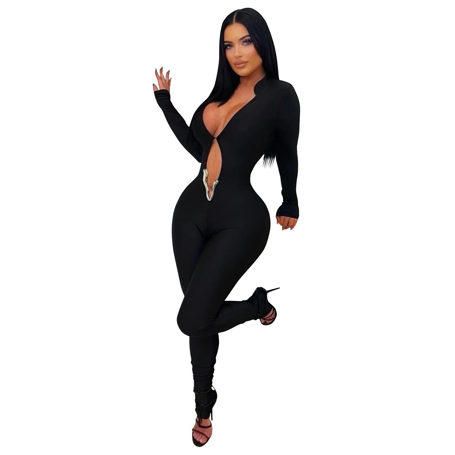 Sexy Deep V Long Sleeve Jumpsuit Solid Color Tight Fit_voghion.com