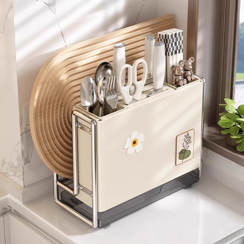 Estante de cuchillos de cocina Estante de almacenamiento Encimera de hogar de estilo crema Tablero de cocina magnético Estante de tapa de olla Jaula de palillos Estante de almacenamiento de cuchillos integrado