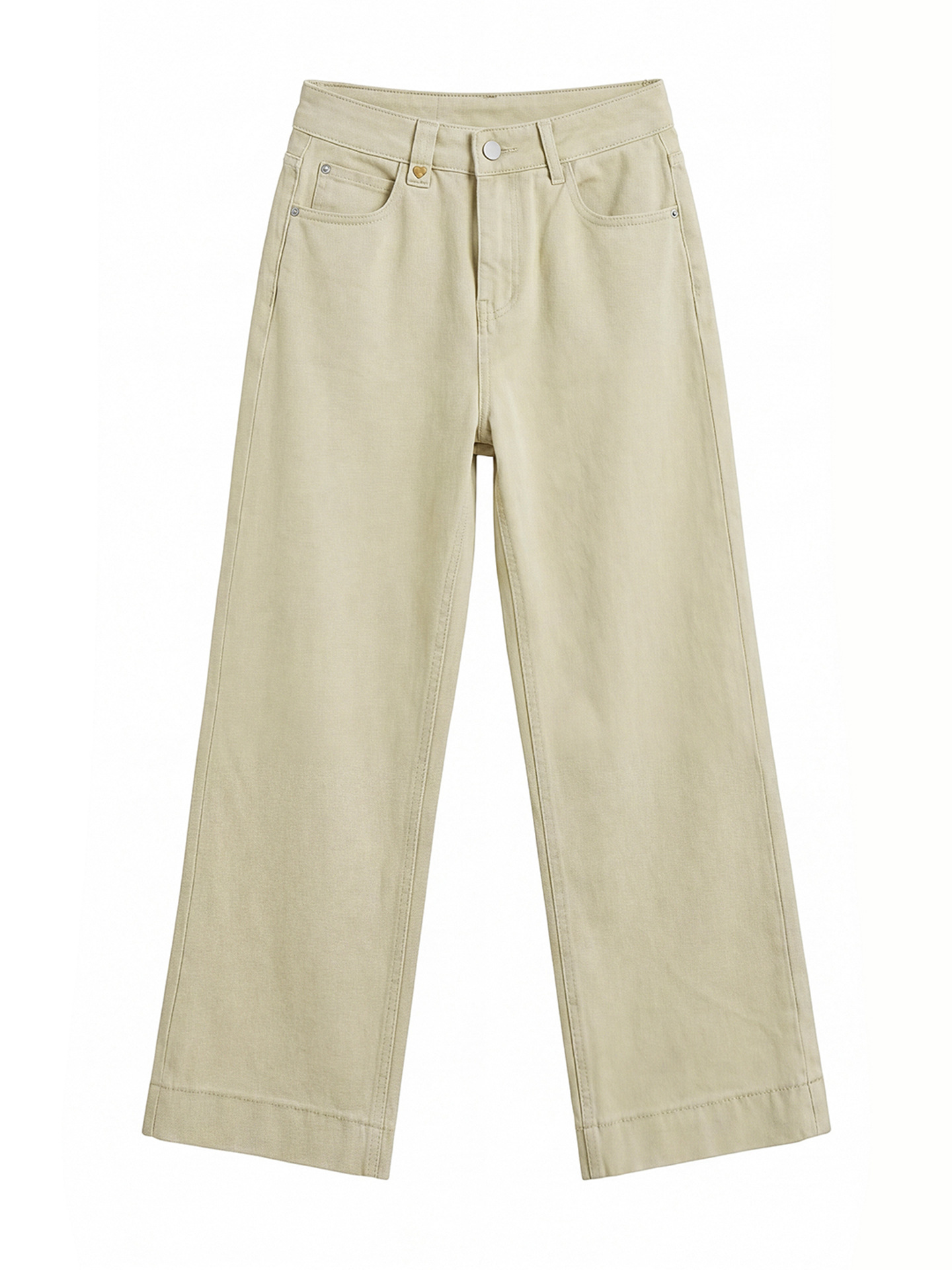 Quần jean nữ ống rộng cạp cao vải denim co giãn 4 chiều, phong cách vintage, dáng suông thoải mái — màu kaki