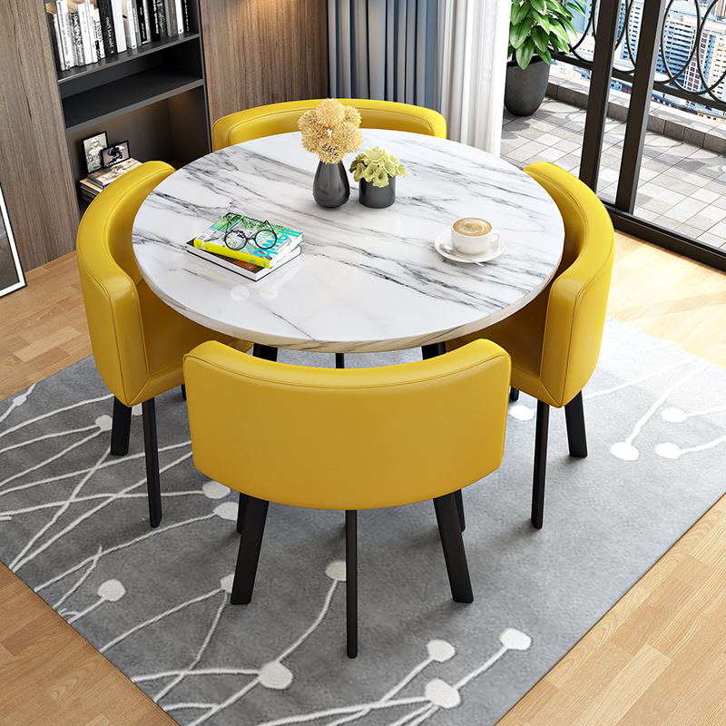 Bright yellow 80cm round table + 4 leather chairs