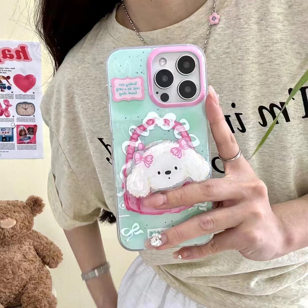 Perro de pelo rizado verde Apple 15promax brillante 15pro/14 funda protectora nueva funda para teléfono 15pro 13p