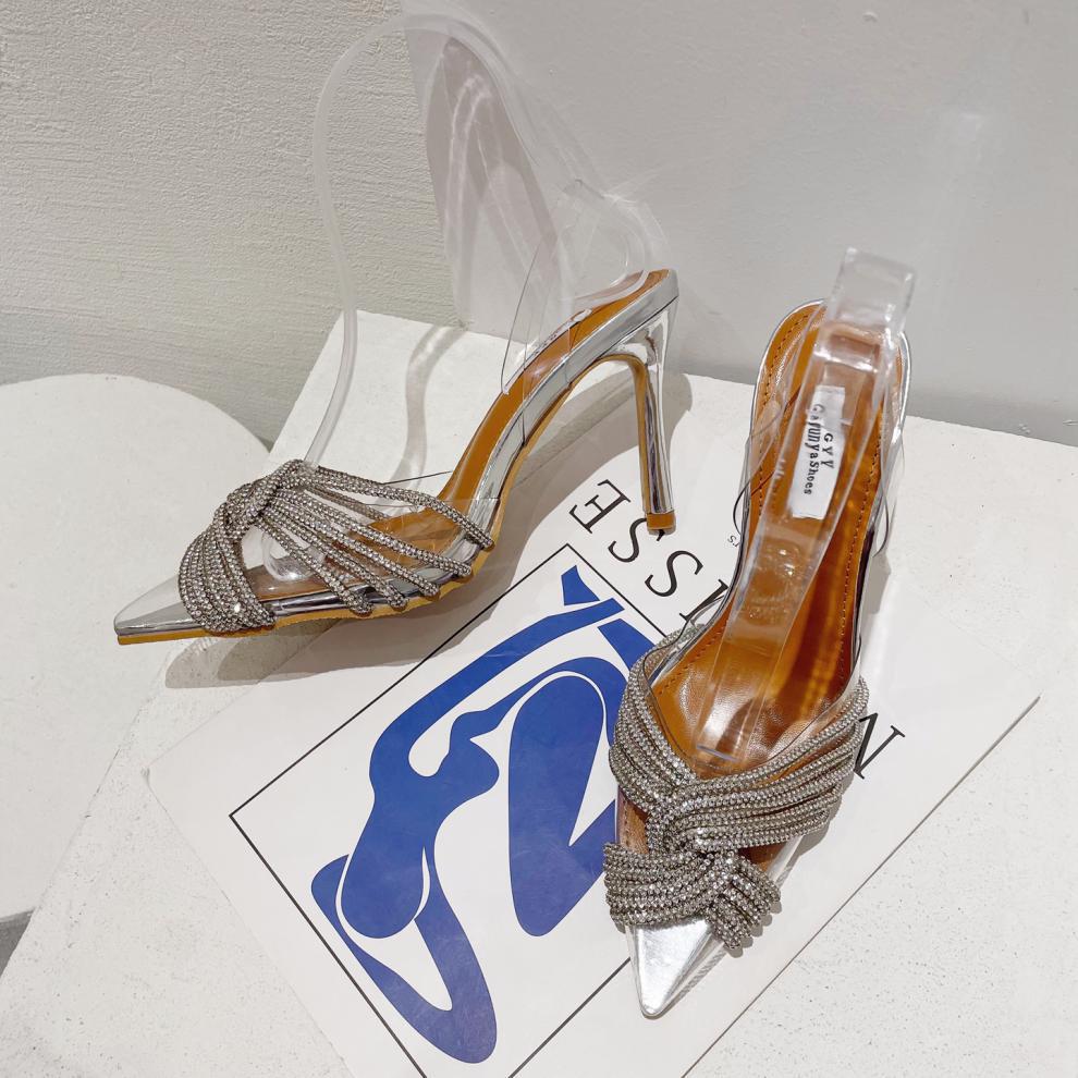 Scarpe da sposa estive con tacco a spillo alto e punta Baotou in cristallo trasparente stile diamante_voghion.com