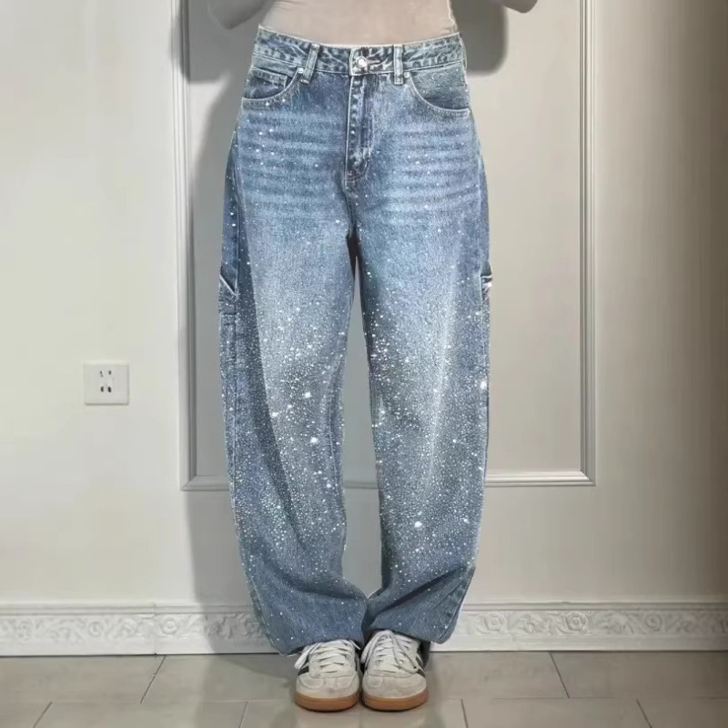 Vintage Spice Girl Multi-Pocket Tooling Style Straight Tube Washed Mid-Waist Jeans 2022 Summer European and American Style New Long