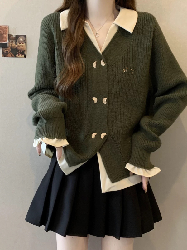 设计感撞色假两件针织开衫女2025秋冬新款气质宽松学院风毛衣外套|undefined