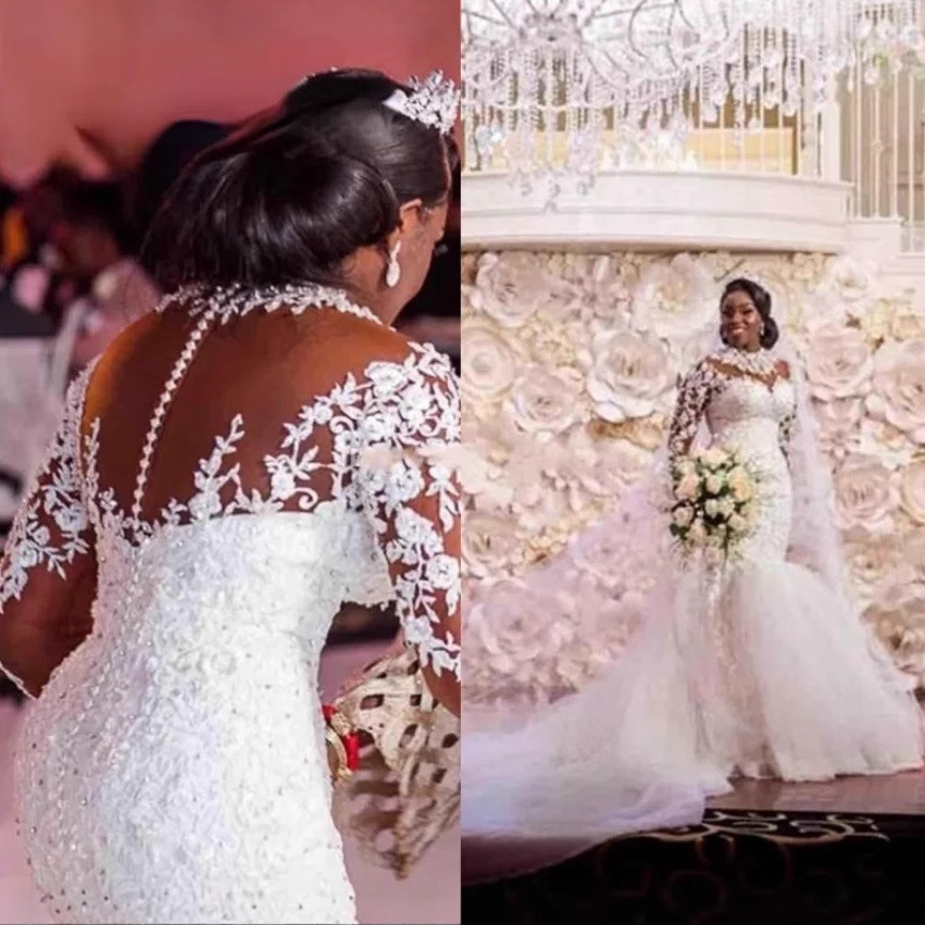 Vestido de noiva elegante estilo sereia com cauda longa – Cintura alta, manga comprida, branco puro para um look atemporal_voghion.com