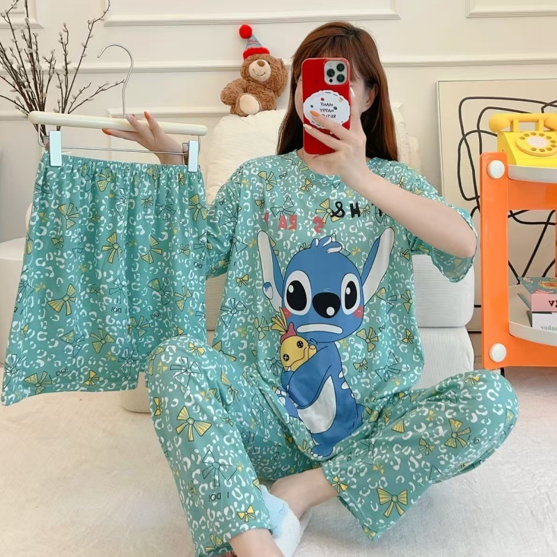 Pijamas de verano transfronterizos pijamas de leche de seda de tres piezas set de dibujos animados comercio exterior ropa para el hogar pantalones de mangas cortas lindos