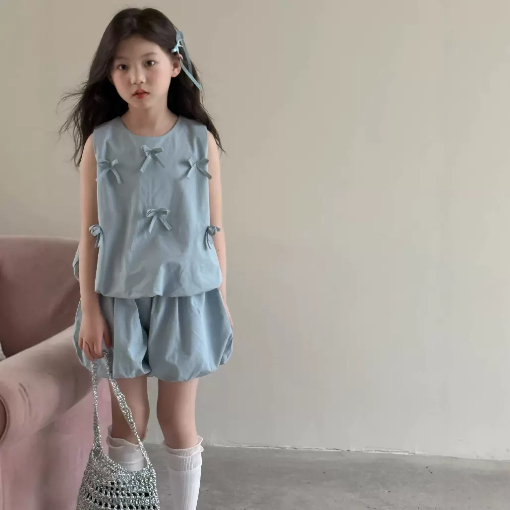童装女童2025夏季新款蝴蝶结时尚吊带背心小众设计感花苞裤两件套
