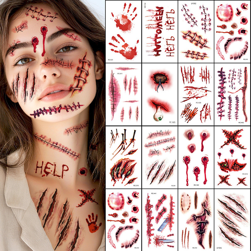 New Halloween Scar Tattoo Face Sticker Simulation Horror Bloody Wound Makeup Party Face Makeup Set