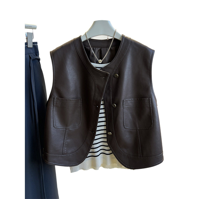 Áo vest nữ da PU phong cách retro Pháp, dáng không tay, một hàng khuy, dài 50–65 cm — Màu nâu, màu đen chi tiết 5