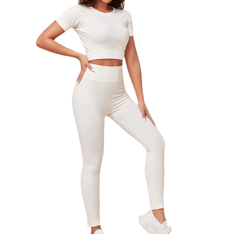 欧美新款纯色短袖无缝瑜伽服女普拉提运动健身九分裤瑜伽服套装女