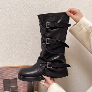 Cowhide Version ~ Wasteland Style Belt Buckle Pile Boots 2025 New Style Old Retro Western Cowboy Boots Trouser Boots