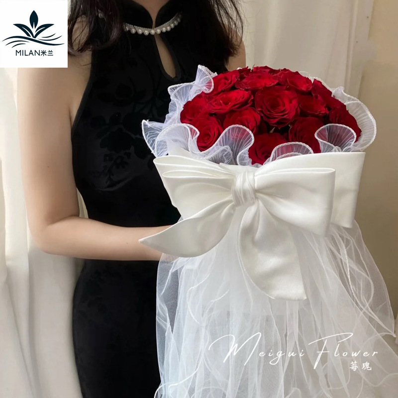 米兰 蝴蝶结头纱圆形花束包花纱网手工DIY材料鲜花包装网纱装饰品