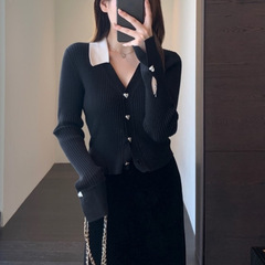 AMR UU◆别致时髦 撞色polo领羊毛混纺针织衫显瘦毛衣女秋冬新款
