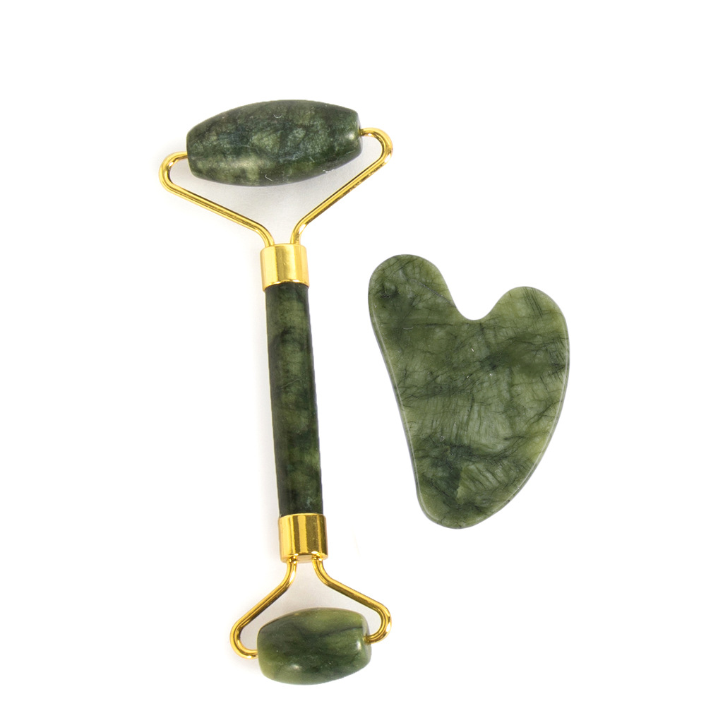 Juego de tres piezas de rodillo de jade natural y tabla de gua sha, dispositivo de belleza para masaje facial, lámina de gua sha facial, fabricante de rodillos de jade