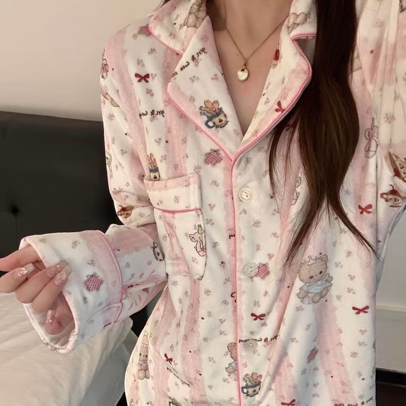 Korean Cute Pink Bear Pajamas for Women Autumn and Winter New Cartoon Ins Style Velvet Long-Sleeved Home Wear Set