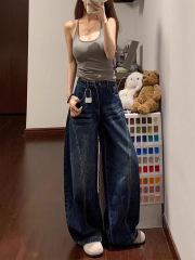 2025秋季新款时尚百搭设计感牛仔裤女深蓝色宽松阔腿显瘦弯刀长裤