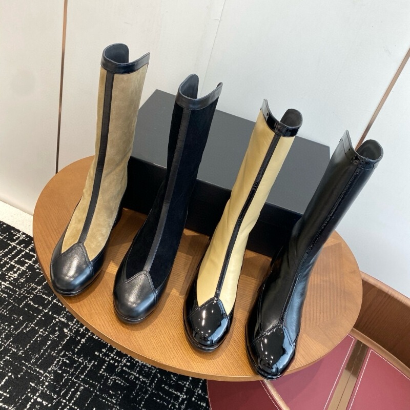 小香25ss秋冬新款圆头拉链短靴粗跟中筒拼色时髦百搭经典女神靴子|undefined
