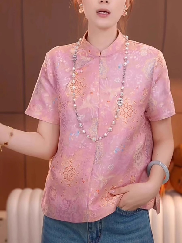 新しい中国風ピンク宋錦ジャカード半袖シャツ女性のための 2025 夏スタンドカラーボタンプリントショルダートップ|undefined