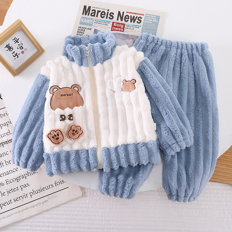 Hombres y niñas invierno ropa casera con cremallera nueva ropa de bebé con pijamas de peluche gruesas de dos piezas