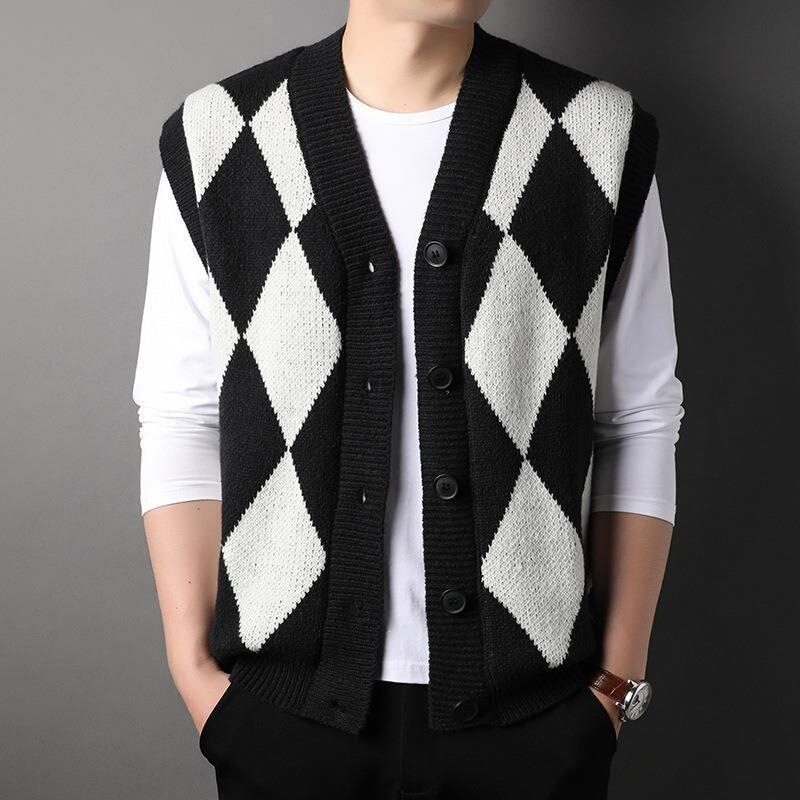 Autumn and winter cardigan, men's knitted sweater vest, diamond-patterned early autumn Korean-style college-style vest, knitted sweater, trendy