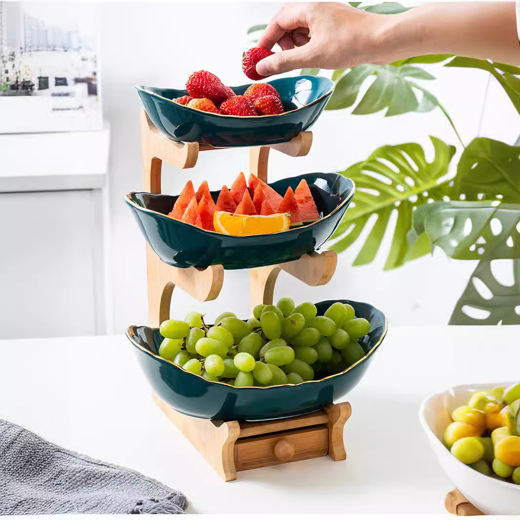Nórdico simple cesta de frutas creativo de doble capa de múltiples capas plato de fruta con cajón de cerámica placa de fruta seca estante de bambú hogar plato de aperitivos