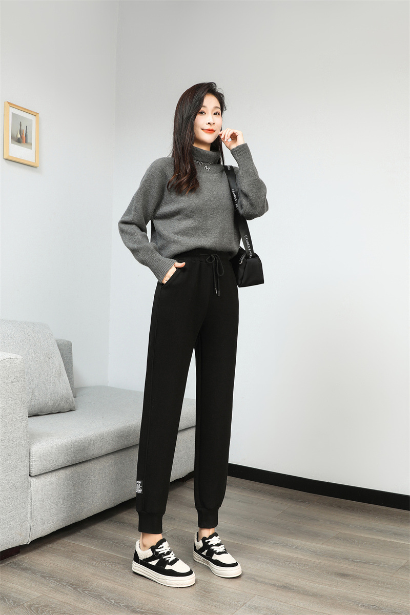 法米姿 羊羔绒运动加绒裤女新款加厚卫裤高腰显瘦束脚休闲裤哈伦