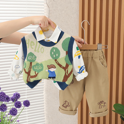 Boys and girls baby cardigan vest three-piece set  new autumn suit foreign style autumn cartoon suit
