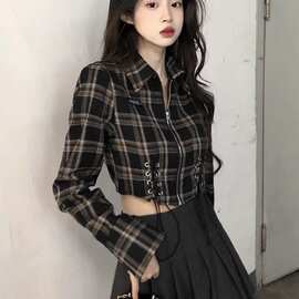 2026秋季法式复古格子衬衫女长袖设计感小众别致拉链短款露脐上衣
