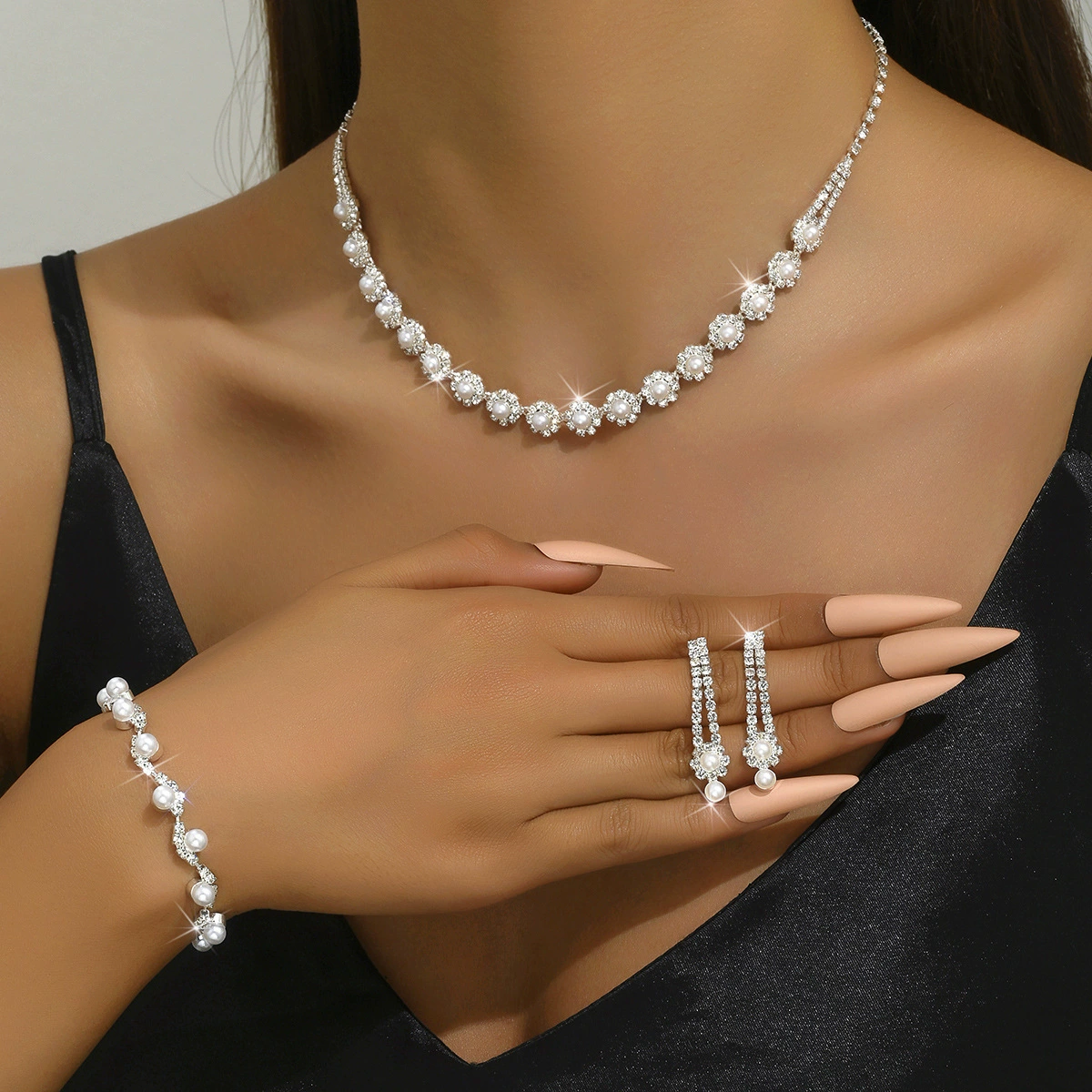 Fashionable silver accessory for bride, beads from pearl, necklace and earrings, bracelet, jewelry, set, Korean style