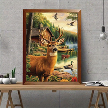 DIY 新款 湖边小鹿 钻石手工贴画客厅卧室装饰挂画钻石画创意圆