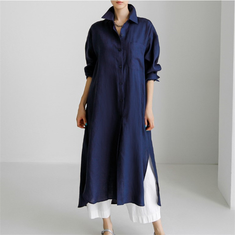 6849 Loose Large Size Shirt Dress Over Knee Long Cardigan Cotton Linen Base Shirt Elegant Long Sleeve Dress for Women
