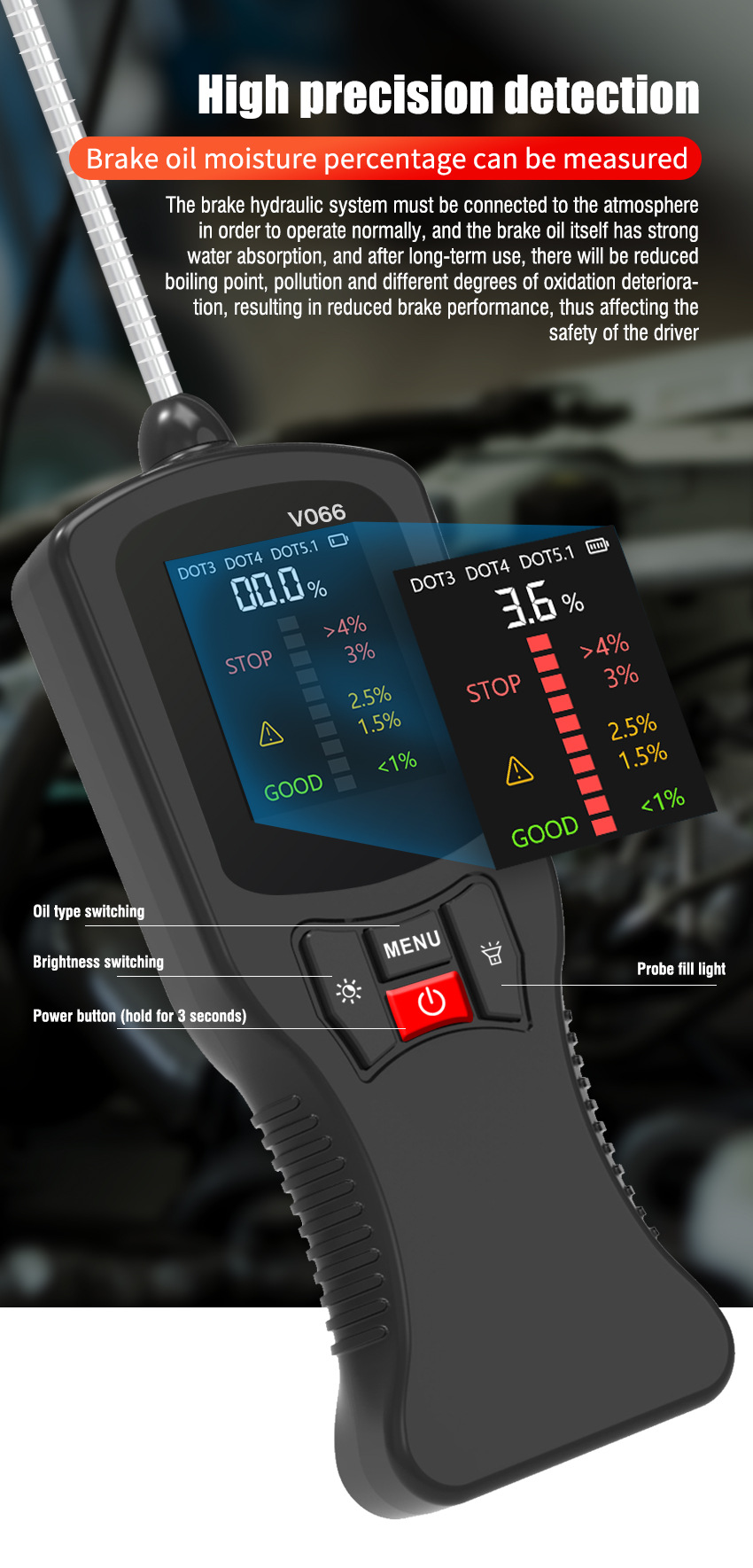 Car Brake Fluid Diagnostic Moisture Content Test Digital Display Brake Fluid Dot3/Dot4/5.1