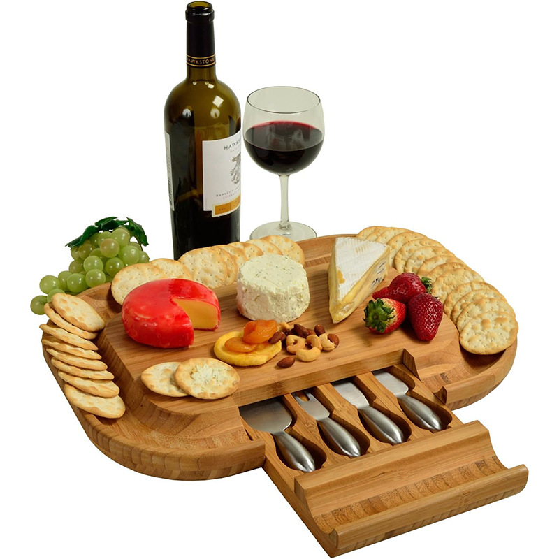 Juego de caja de almacenamiento de cuchillos de plato de queso de bambú para el hogar, tabla de queso de cocina, juego de barbacoa de queso de bambú, tabla de cortar
