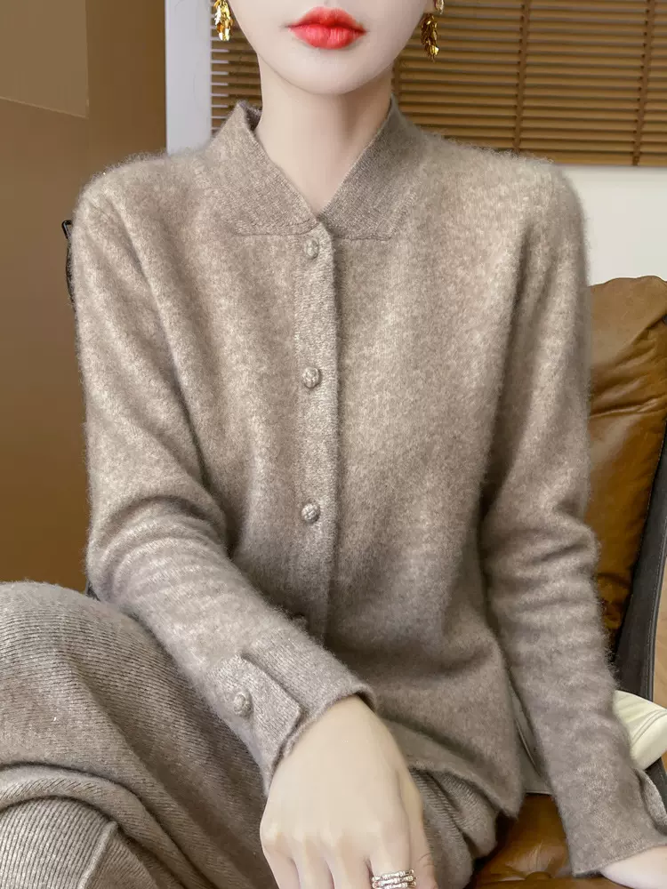 2024秋冬新款羊毛开衫女袍立领纯色羊绒毛衣外套女针织外搭上衣