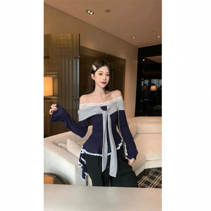 [Factory Stock] Threaded Velvet Pure Desire Style Lace Knit T-shirt Women's Autumn and Winter Base Layer One-Shoulder Top