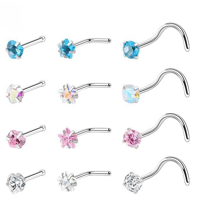Stainless Steel S L Type Stud European And American Bestselling Heart Zircon Nose Ring Straight Rod Piercing Jewelry_voghion.com