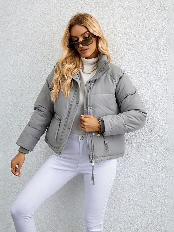 Veste à col montant court en coton pour femme, version coréenne, simple et ample, avec fermeture éclair, pour l'extérieur, 2023_voghion.com