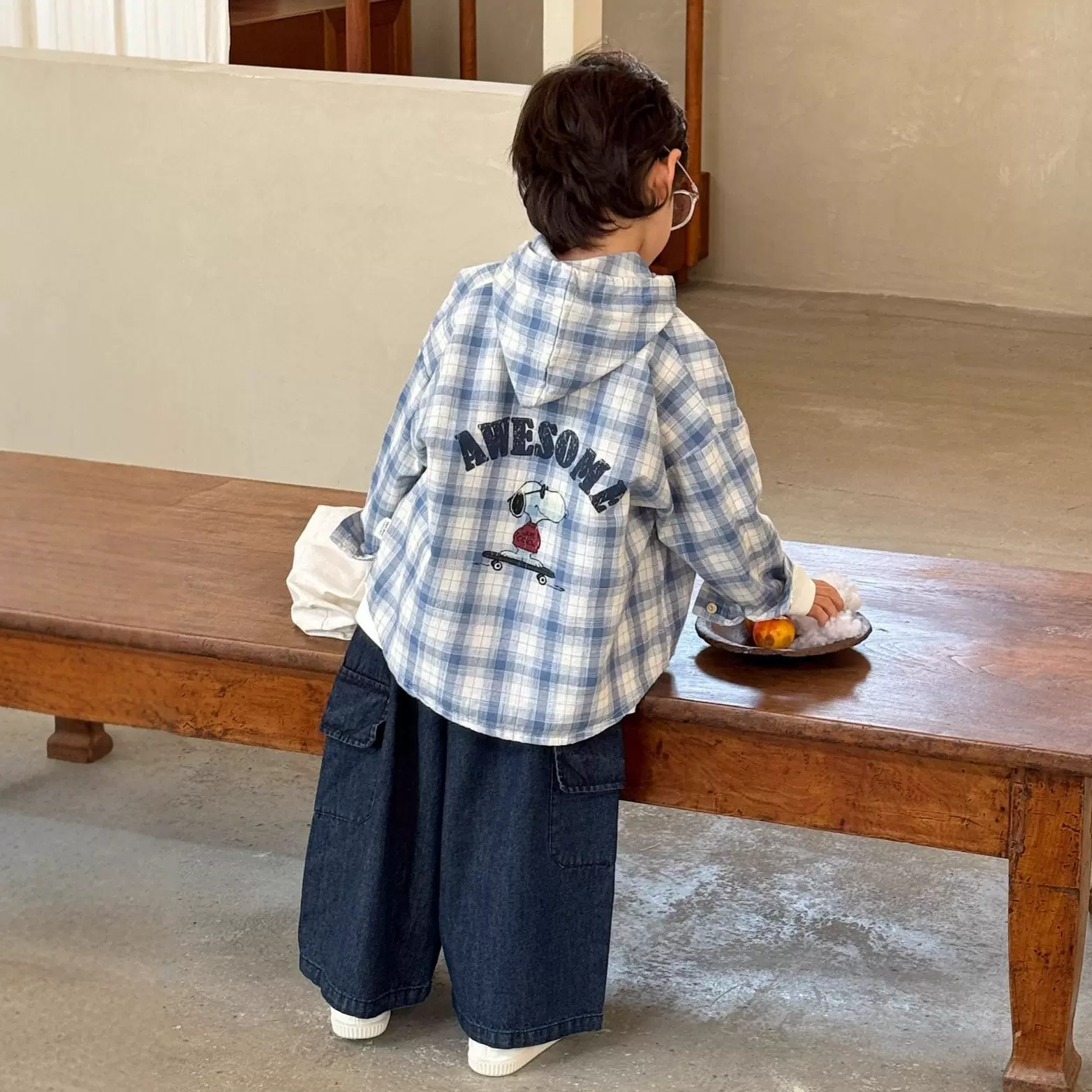儿童格子卡通印花连帽外套秋季长袖男女童韩版休闲宽松百搭衬衫