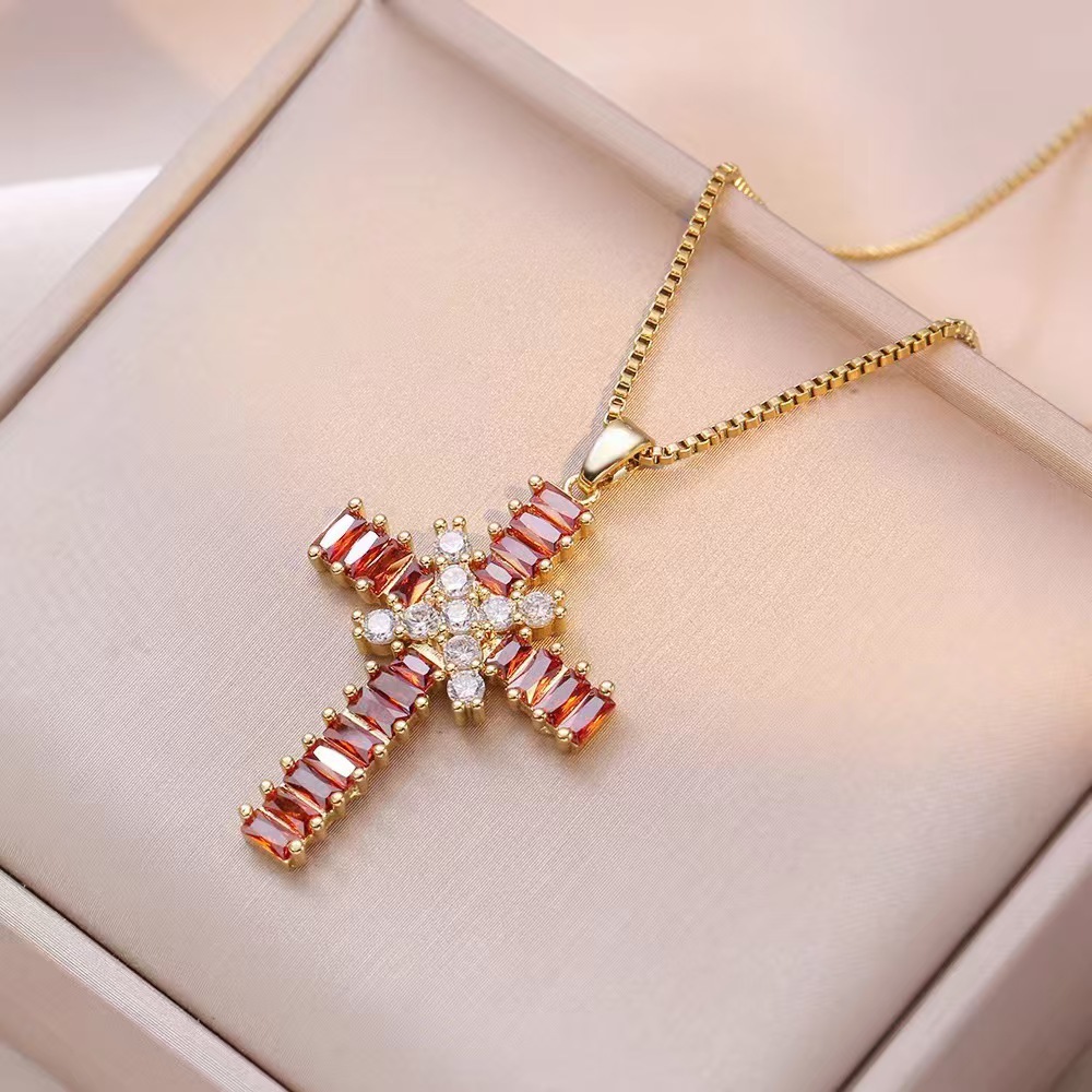 Wholesale Jewelry Shiny Cross Titanium Steel Zircon Inlay Pendant Necklace Cable Chain display picture 21