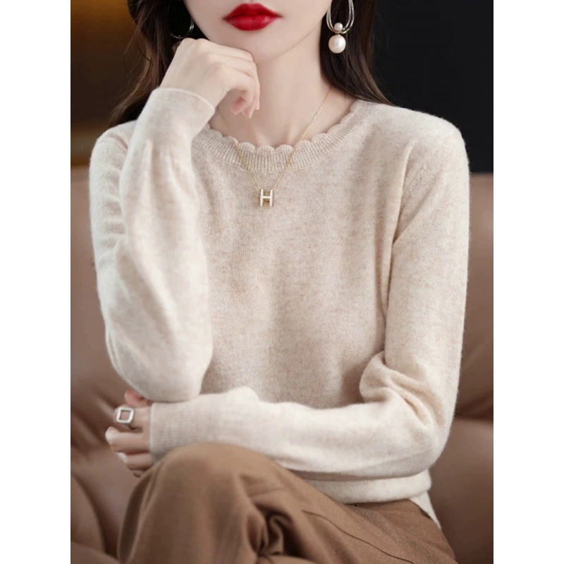 Мягкая и повседневная женская базовая кофта с круглым вырезом и кружевом, новый стильный свитер весна-осень 2025, трикотажный топ с длинными рукавами, свободный крой.