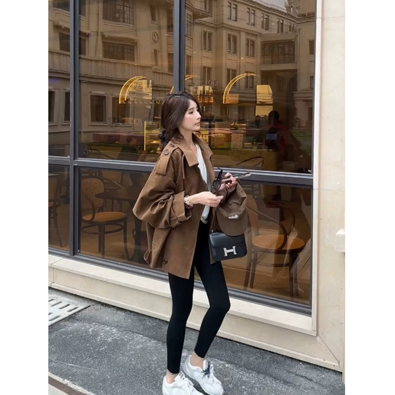 棕色设计感立领麂皮小个子外套女2025秋新款韩系复古宽松休闲大衣|undefined