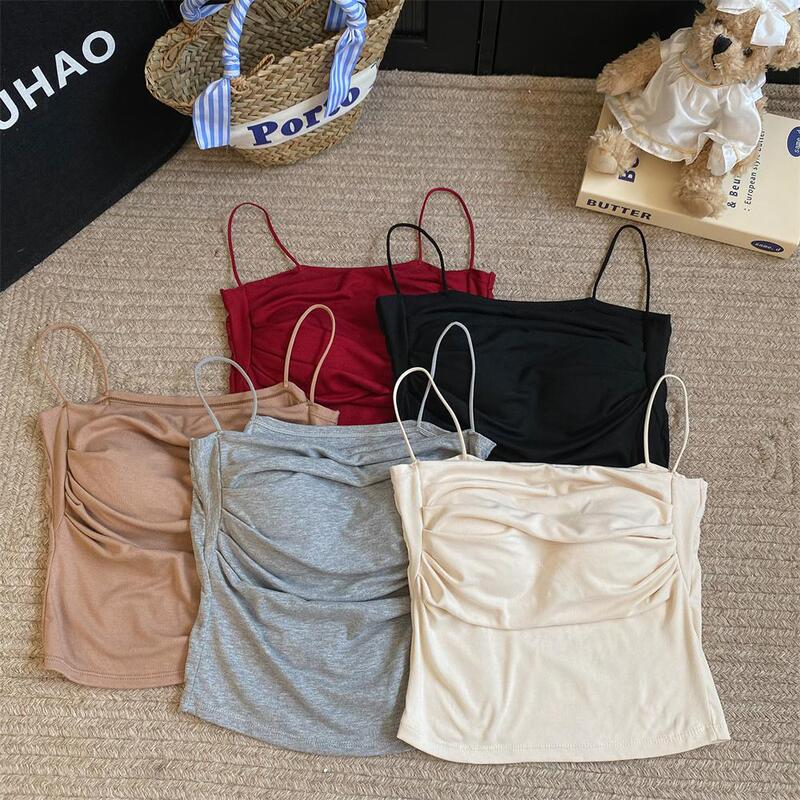 Ins High-End Autumn and Winter Inner Wear with Chest Pads, Women's Short One-Line Neckline Pleated Knitted Sexy Vest Top