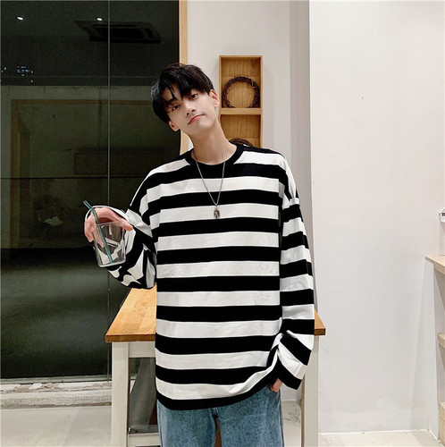 Classic Striped Long-Sleeve T-Shirt for Men, Round Neck, Thin, Loose, Fashion, Unisex, Casual Underwear Top