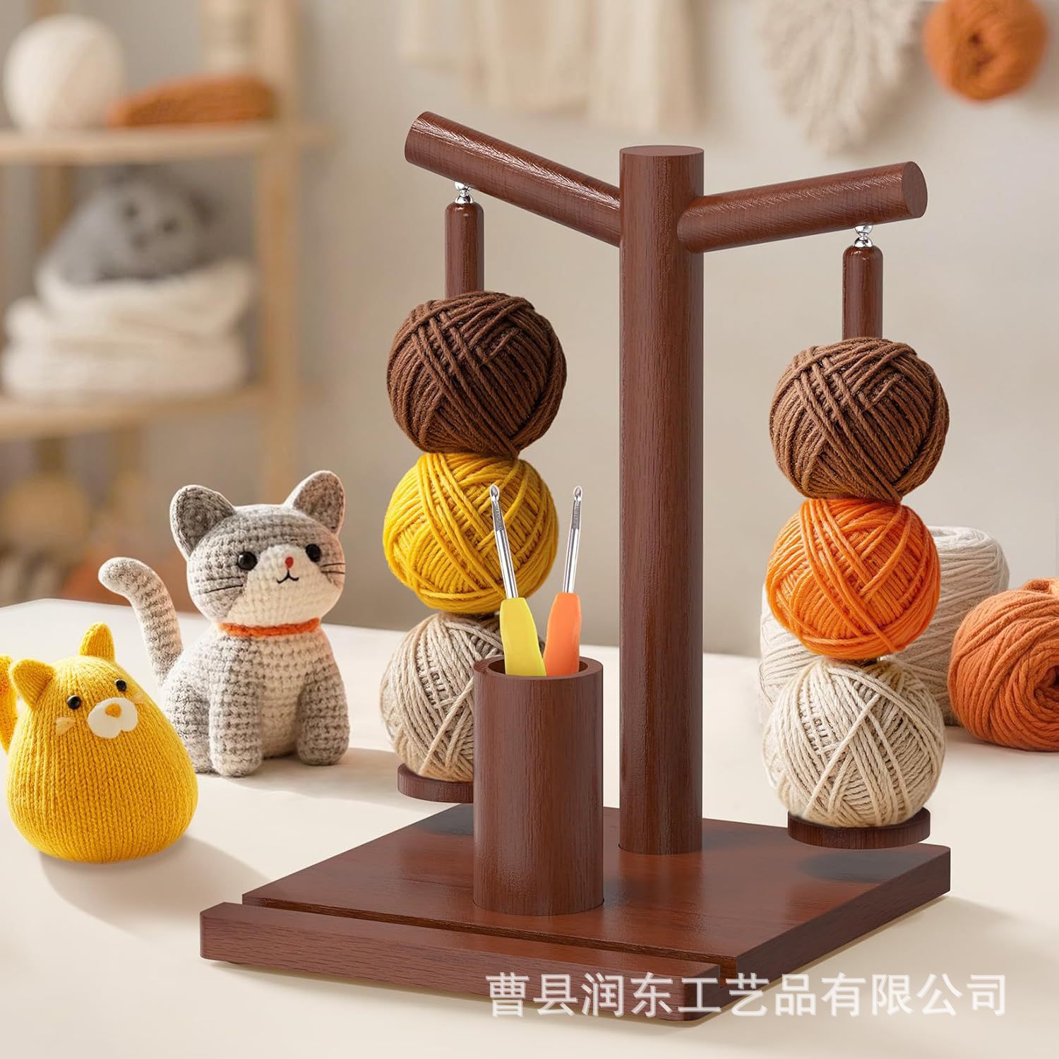 Rotatable Wooden Yarn Spool Rack Cross-Border Universal Winding Rack Yarn Ball Storage Rack with Mobile Phone Base